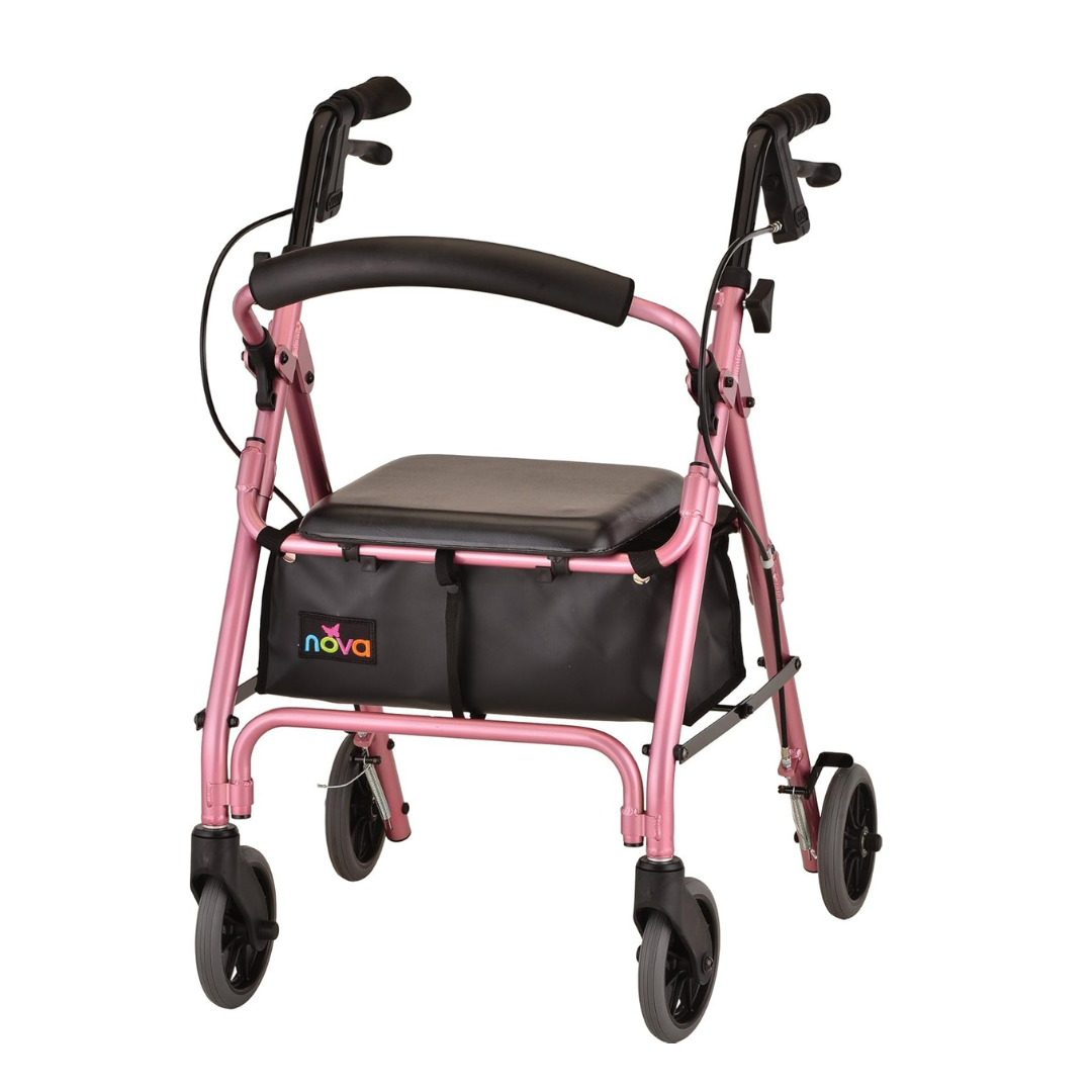 The Nova Medical GetGo Rolling Rollator Walker features a charming pink color, black seat, storage pouch, four sturdy wheels, hand brakes, and a classic curved handlebar with comfortable black grips for those seeking style and functionality.